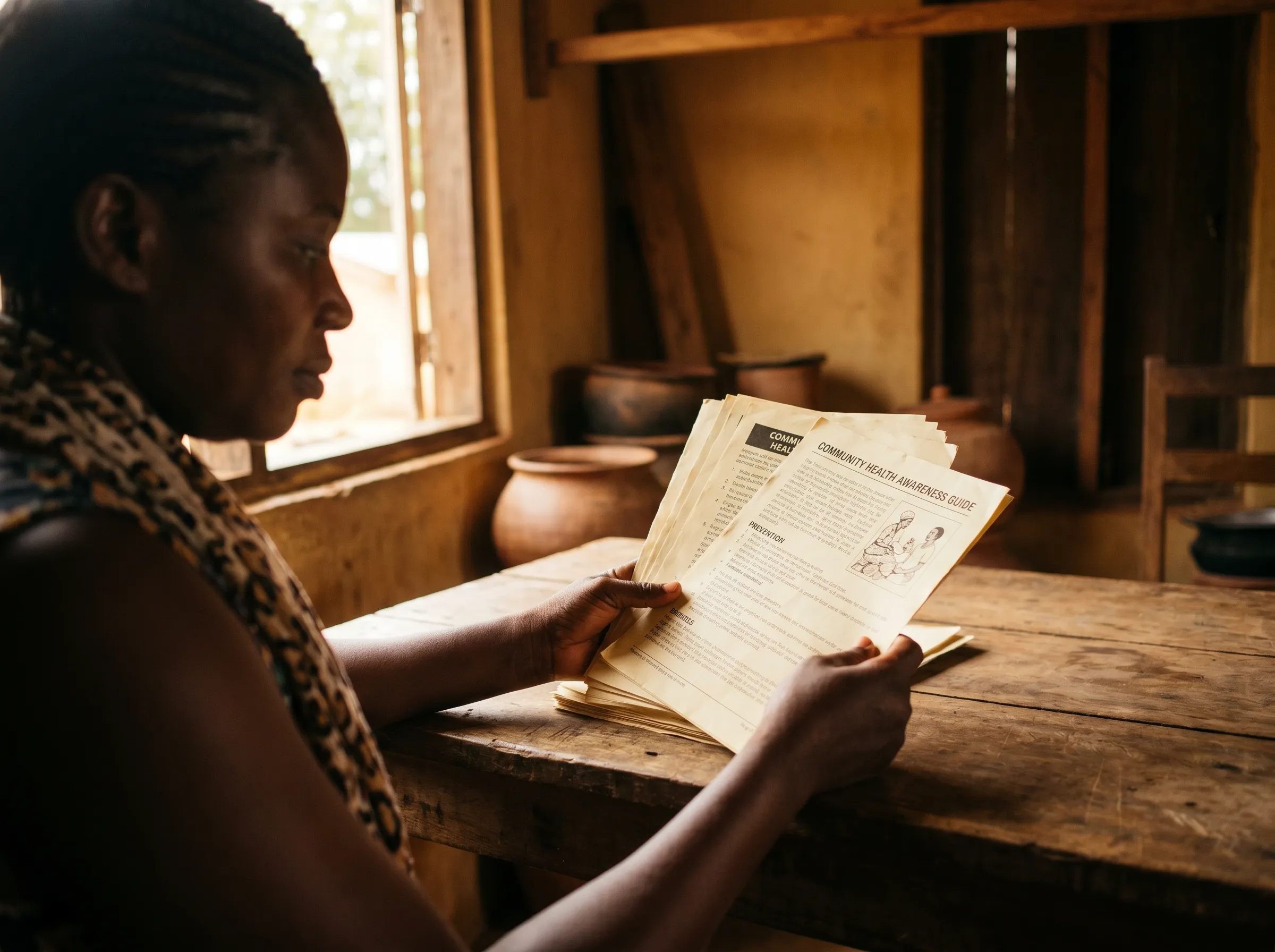 A woman reading health awareness materials in warm natural light