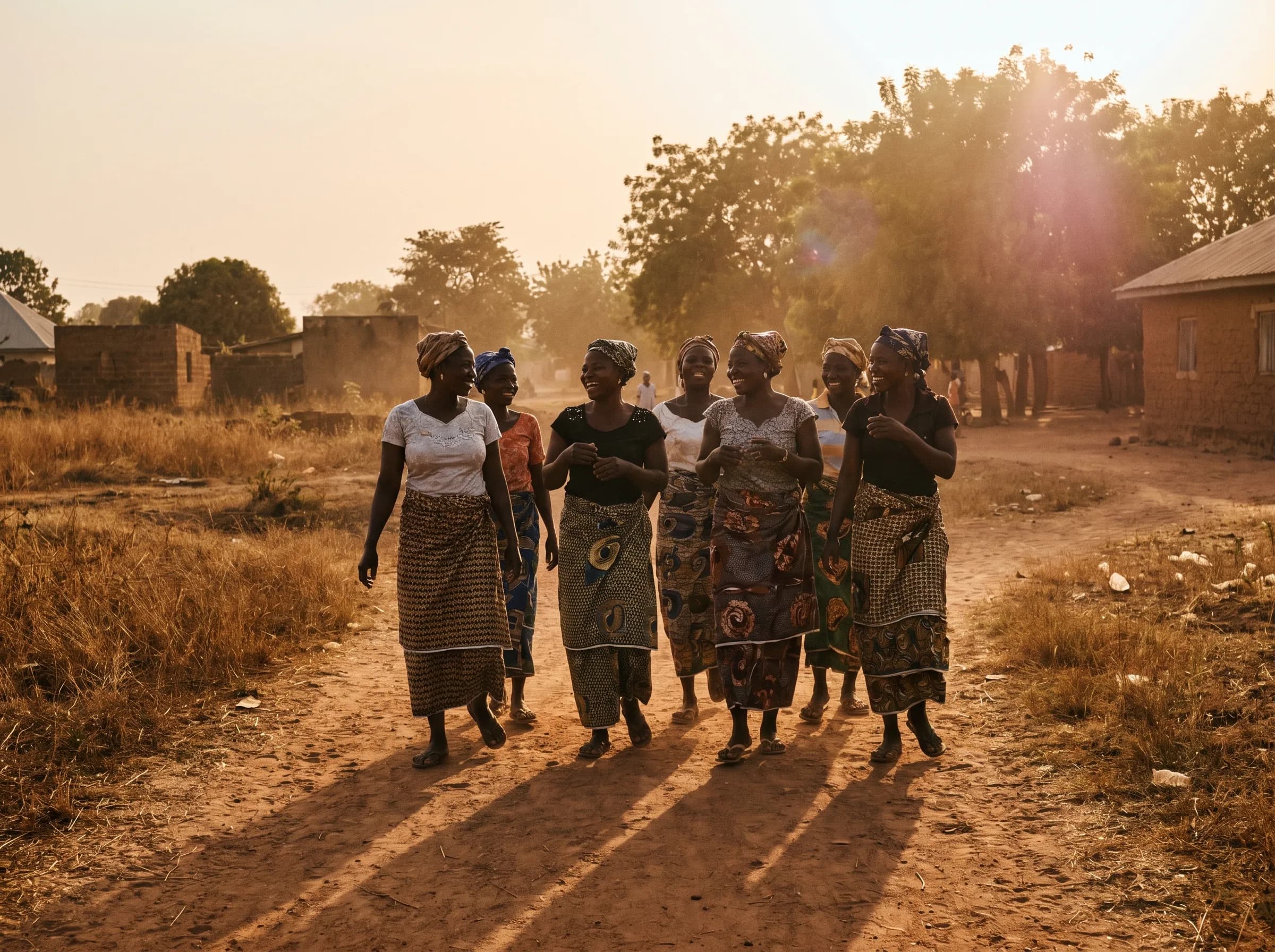 Women walking together in golden hour light, warm and hopeful